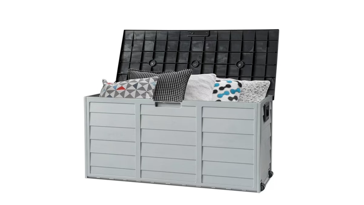 This deck box doubles as seating for your outdoor area.