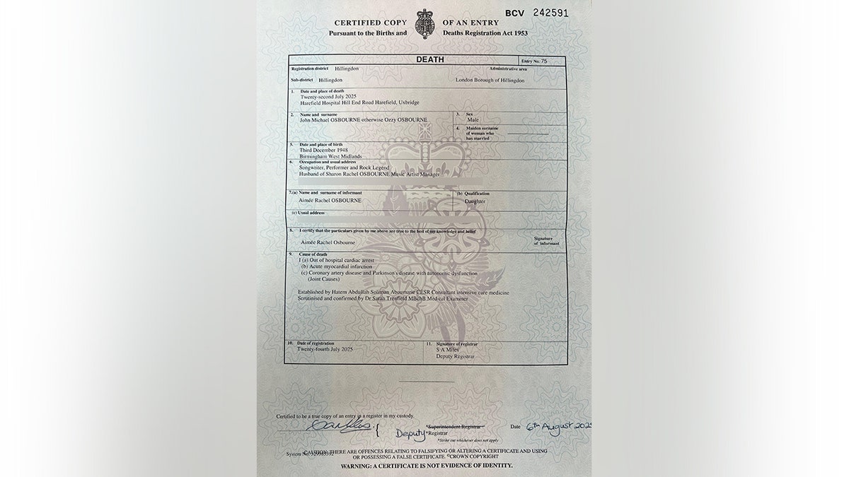 Ozzy Osbourne death certificate
