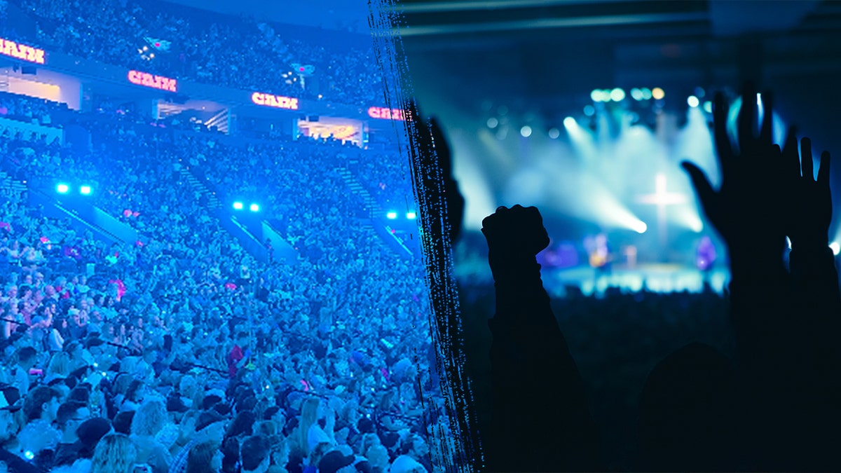 Worshippers in a crowd with hands raised