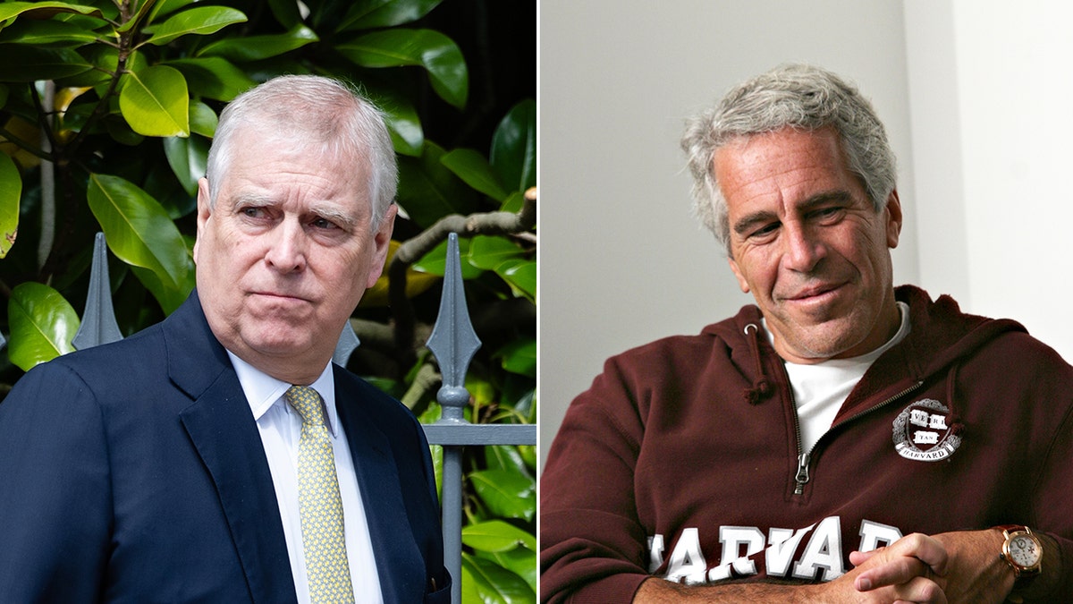 A split side-by-side image of Prince Andrew looking concerned and Jeffrey Epstein smirking.