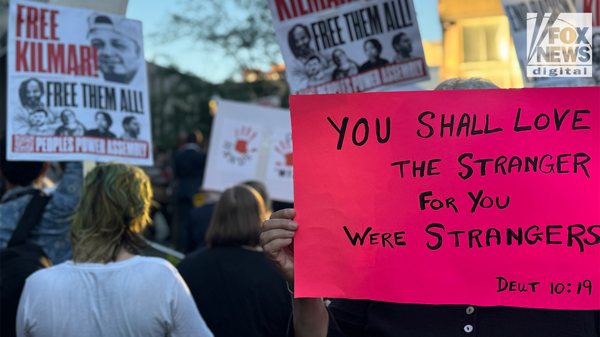 Supporters of Abrego Garcia are seen outside the ICE Field Office in Baltimore, Maryland, on August 25, 2025. 