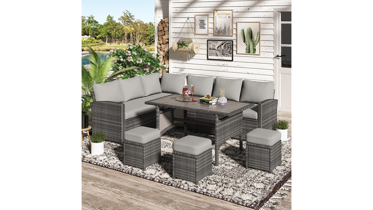 Get enough room for the whole family with this seven-piece outdoor dining set. 