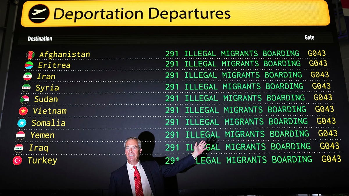 The head of the British Reform Party, Nigel Faraj, stands from a large mark on illegal immigration.