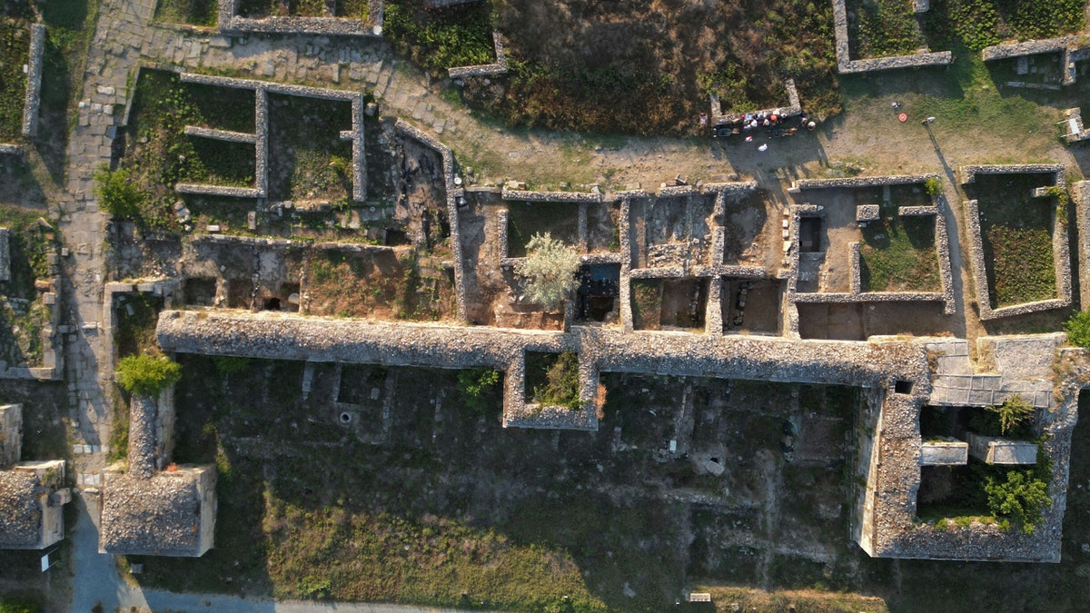 Aerial of ancient Roman building in Romania