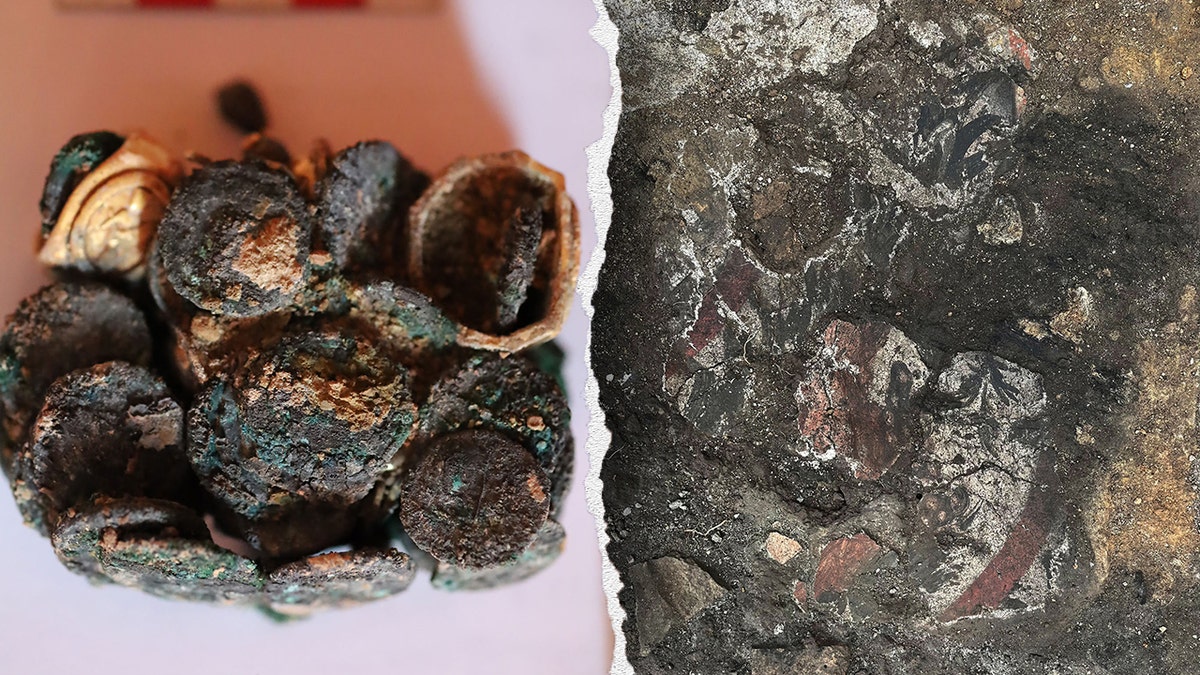 Split image of coins, ancient Roman remnants in ground