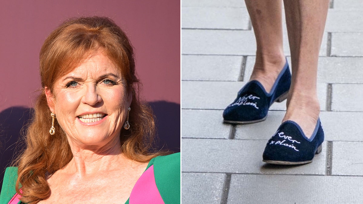 A split side-by-side photo of Sarah Ferguson wearing a green and pink dress smiling and her wearing blue loafers.