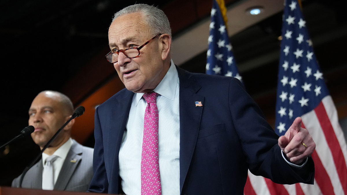 U.S. Senate Minority Leader Charles Schumer and House Minority Leader Hakeem Jeffries at a press conference