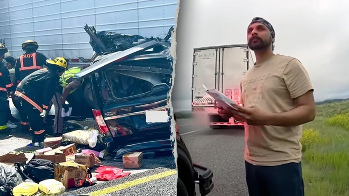 Composite photo shows Florida crash scene involving Harjinder Singh’s truck and bodycam still of Singh during a July 3 New Mexico stop.