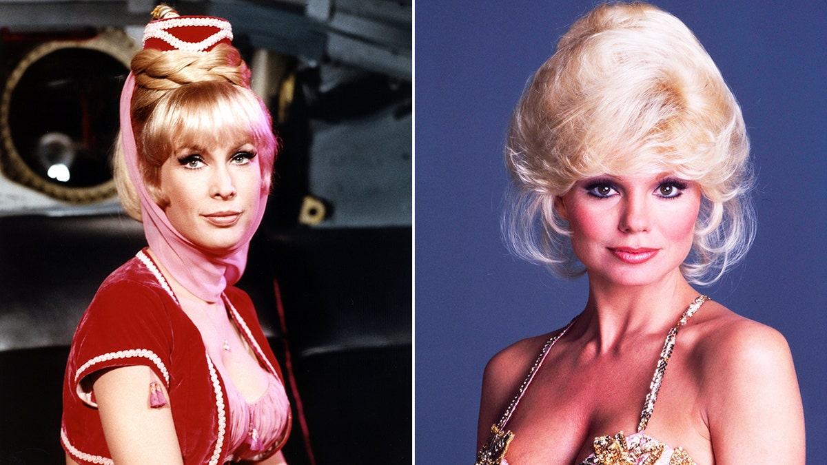 A split side-by-side image of Barbara Eden and Loni Anderson in costumes as their iconic TV characters.