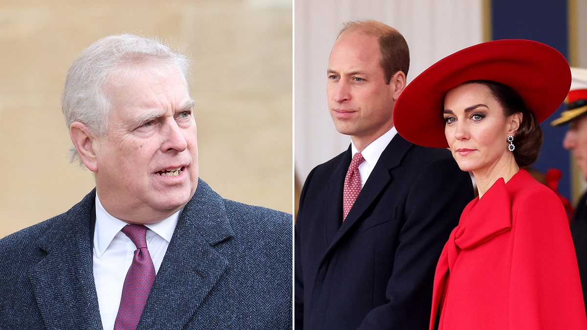 A split side-by-side image of Prince Andrew looking bewildered as Prince William and Kate Middleton look on sternly