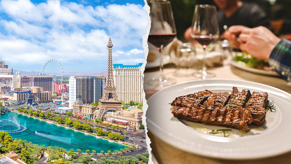 Split image of Las Vegas and a steak at a dinner table.