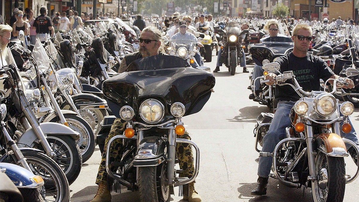 Bikers line the streets during the annual Sturgis Motorcycle Rally in August 2003.