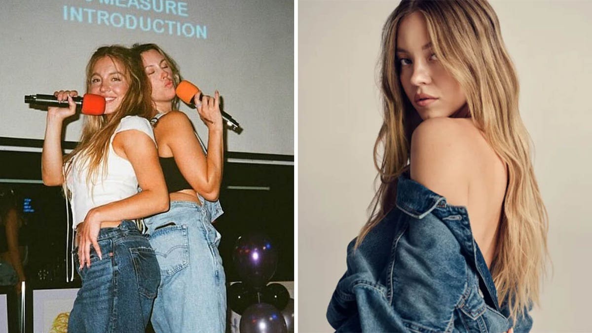 A split of Sydney Sweeney and her friend singing karaoke and Sydney in her American Eagle ad.