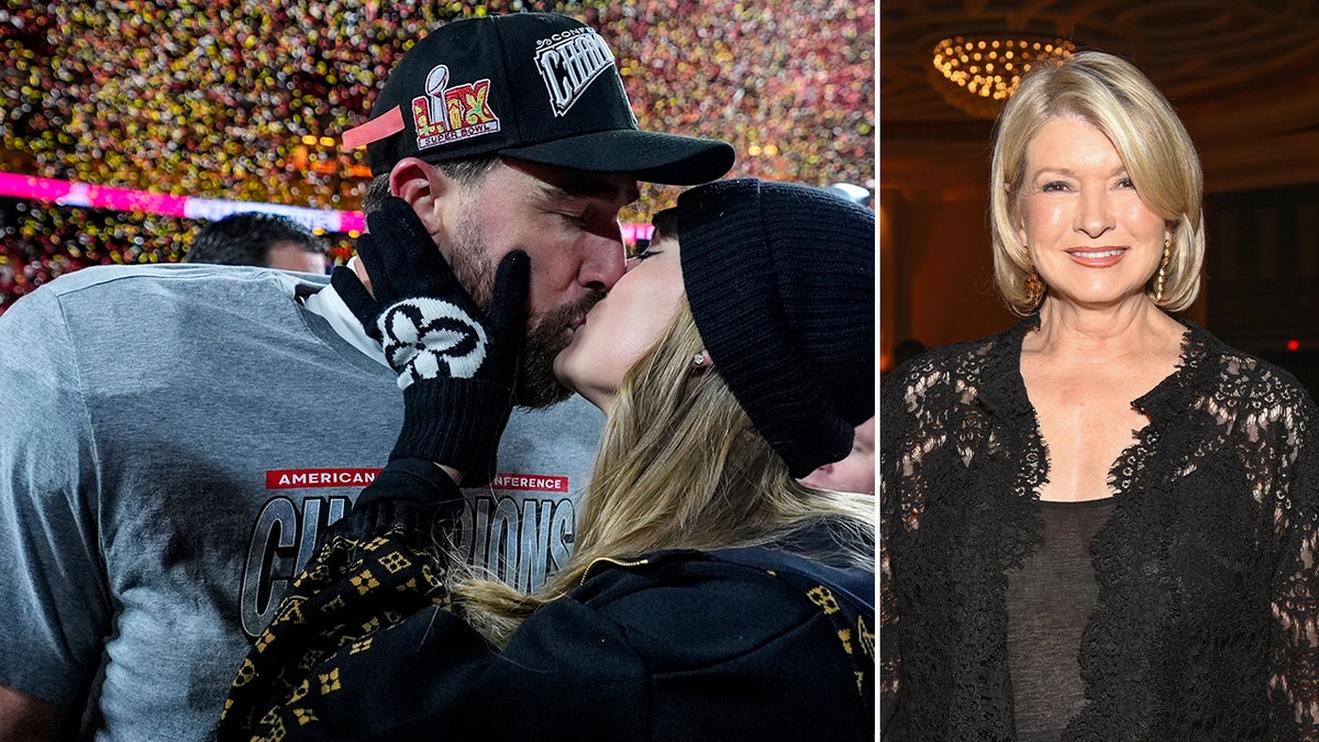 Split photo of Taylor Swift, Travis Kelce and Martha Stewart