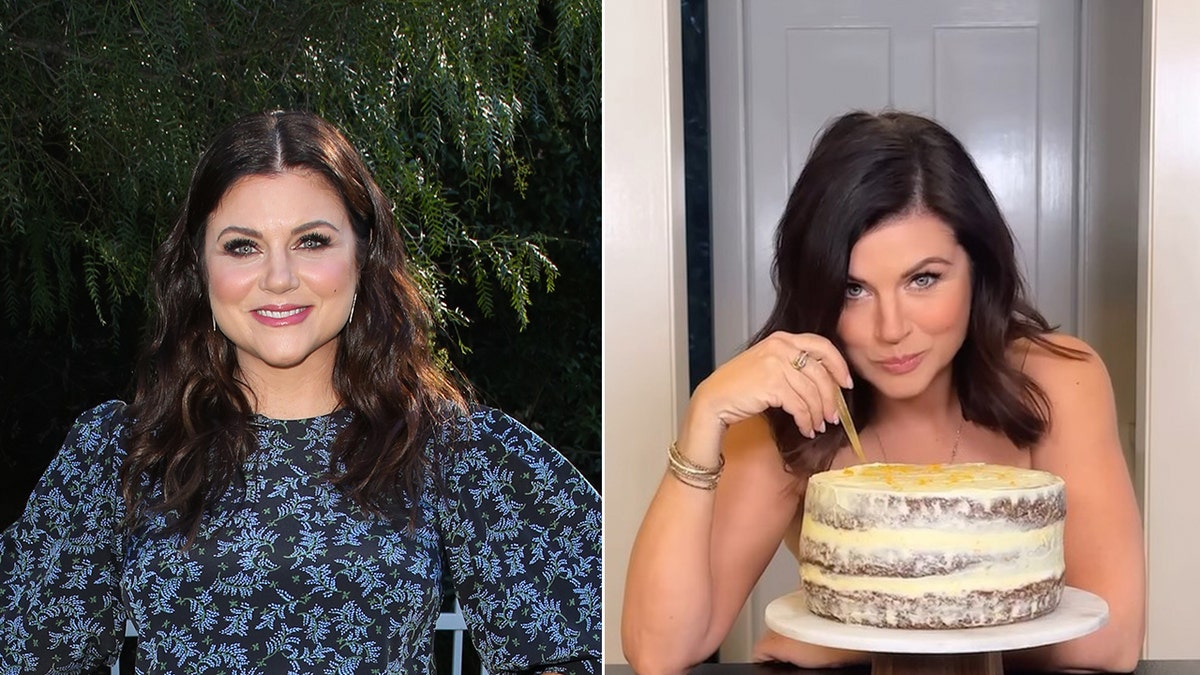 Split Tiffani thiessen in a blue dress and eat cake topless.