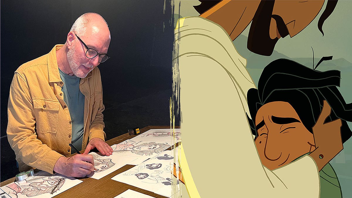Animator Tom Bancroft drawing on set, 'Light of the World' movie still of Jesus hugging John