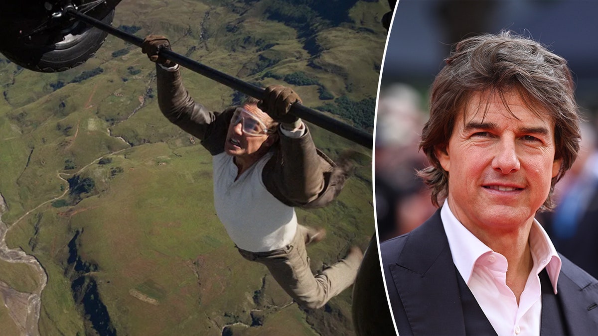 Split photo of Tom Cruise in "Mission: Impossible" and on red carpet