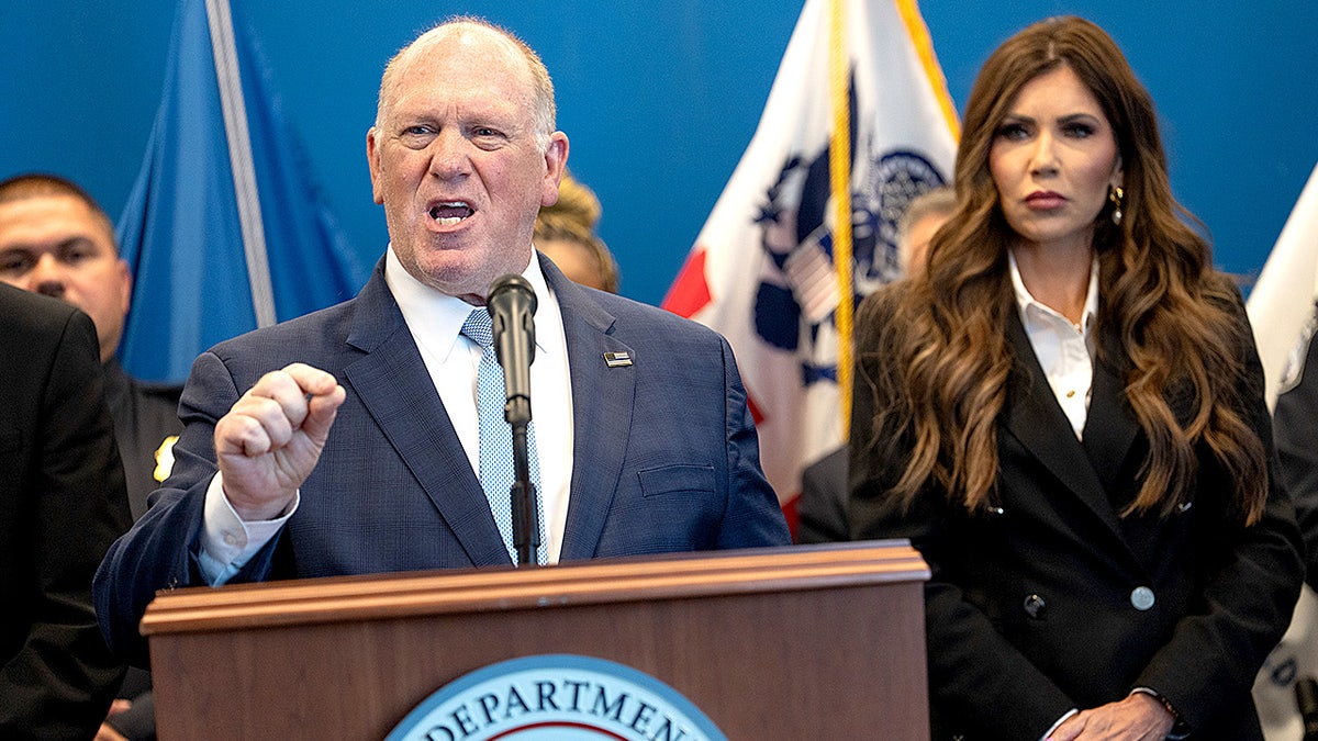 Border Czar Tom Homan and Homeland Security Secretary Kristi Noem speak at a press conference following the shooting of a U.S. immigration officer in New York