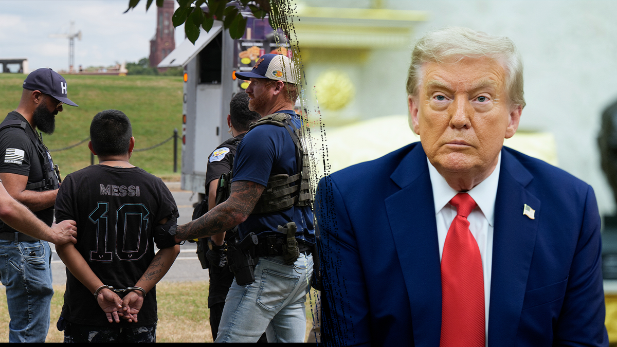 Compilation photo showing arrest in DC, and President Trump