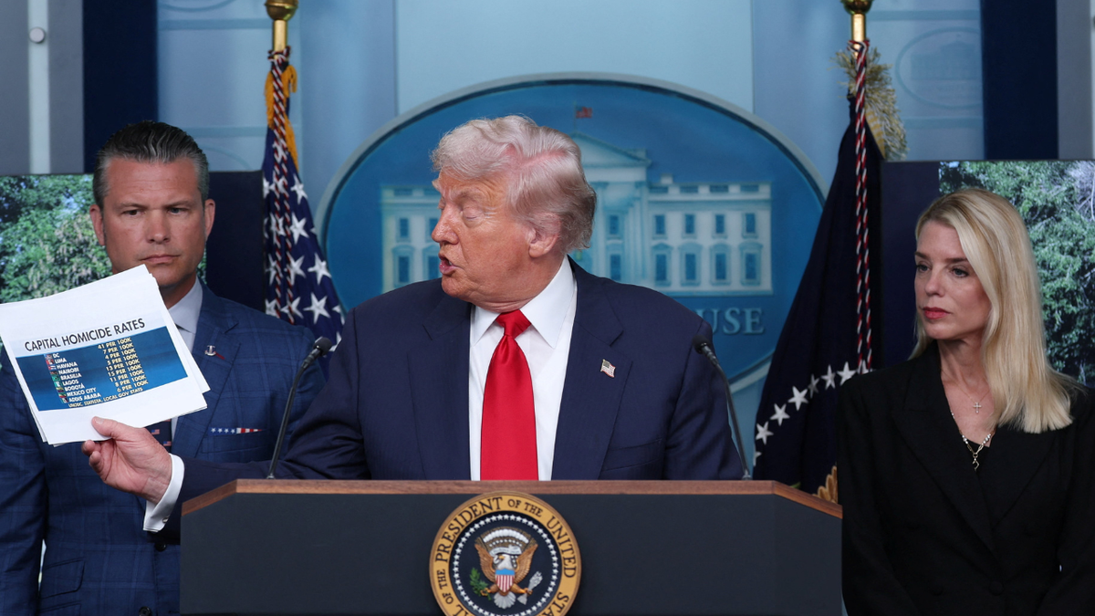 President Donald Trump speaks to the press, accompanied by U.S. Attorney General Pam Bondi and U.S. Defense Secretary Pete Hegseth, about deploying federal law enforcement agents to bolster the local police presence, at the White House, in Washington, Aug. 11, 2025. 