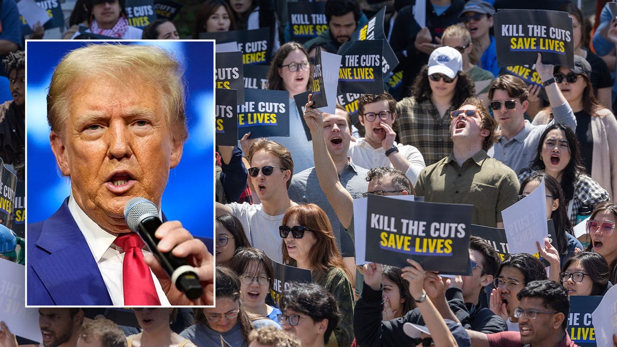 President Donald Trump and a background with UCLA protesters.