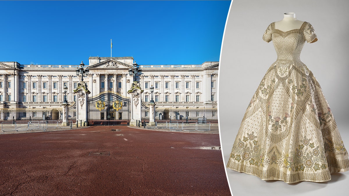 Split image of dress, Buckingham palace