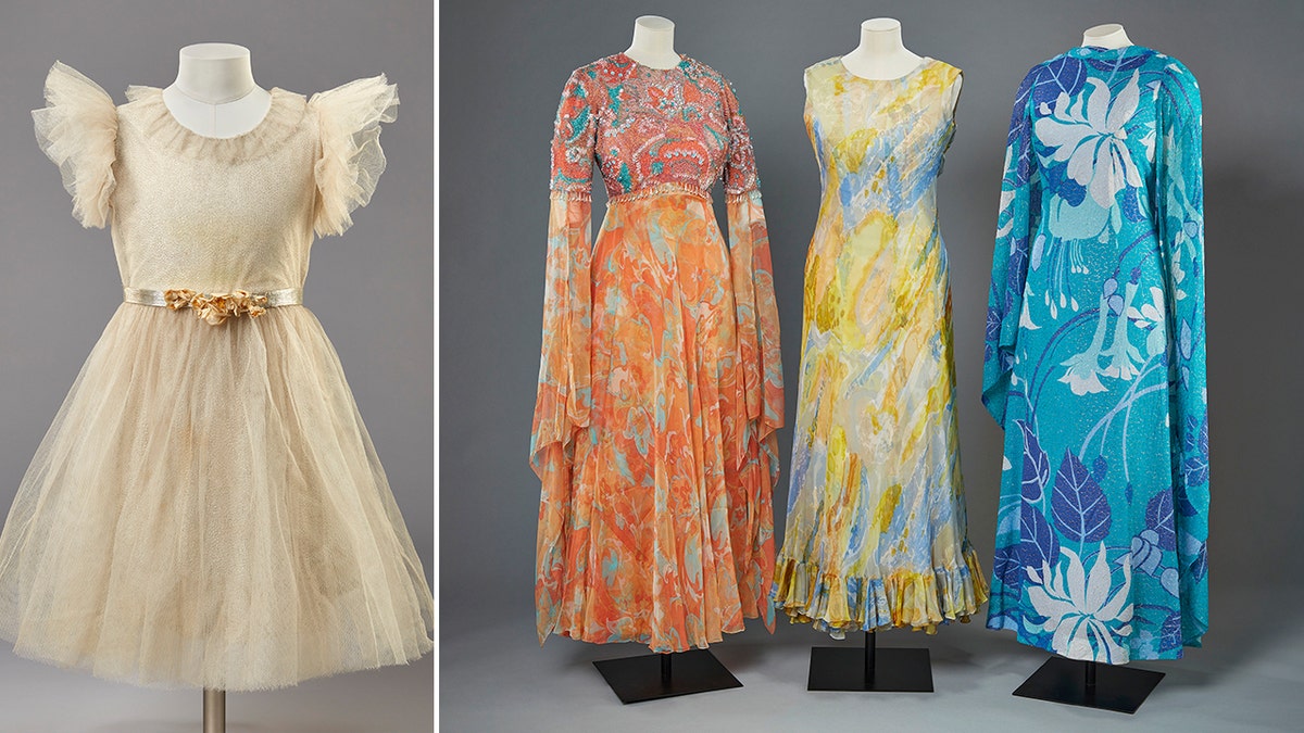 Split image of childhood dress next to 60's/70's-style dresses