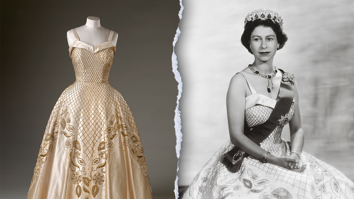 Split image of dress, Elizabeth wearing it
