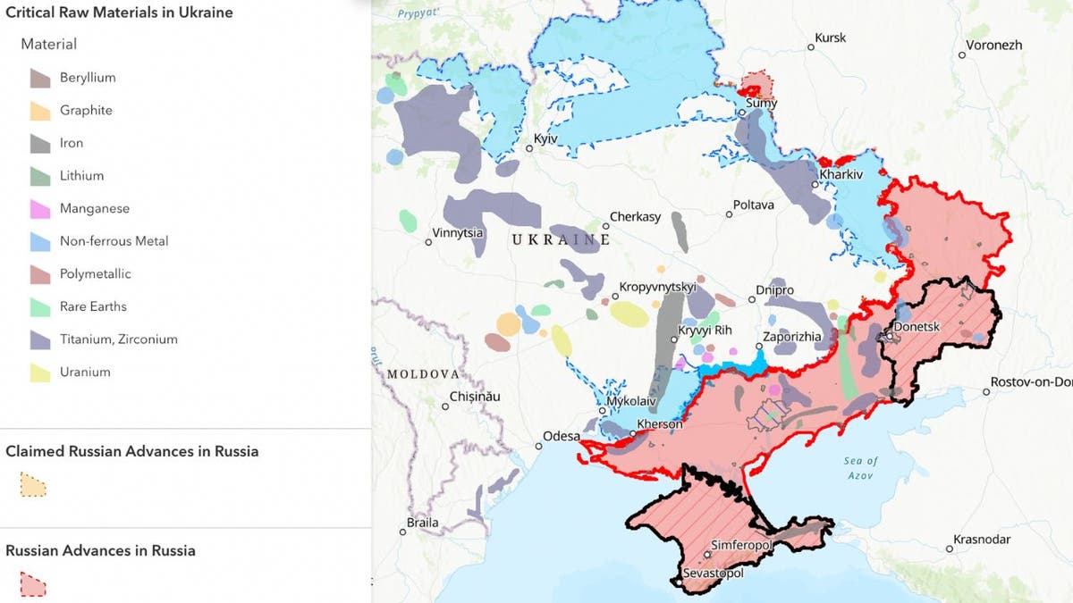 A map shows Russia's control of Ukraine and critical raw materials