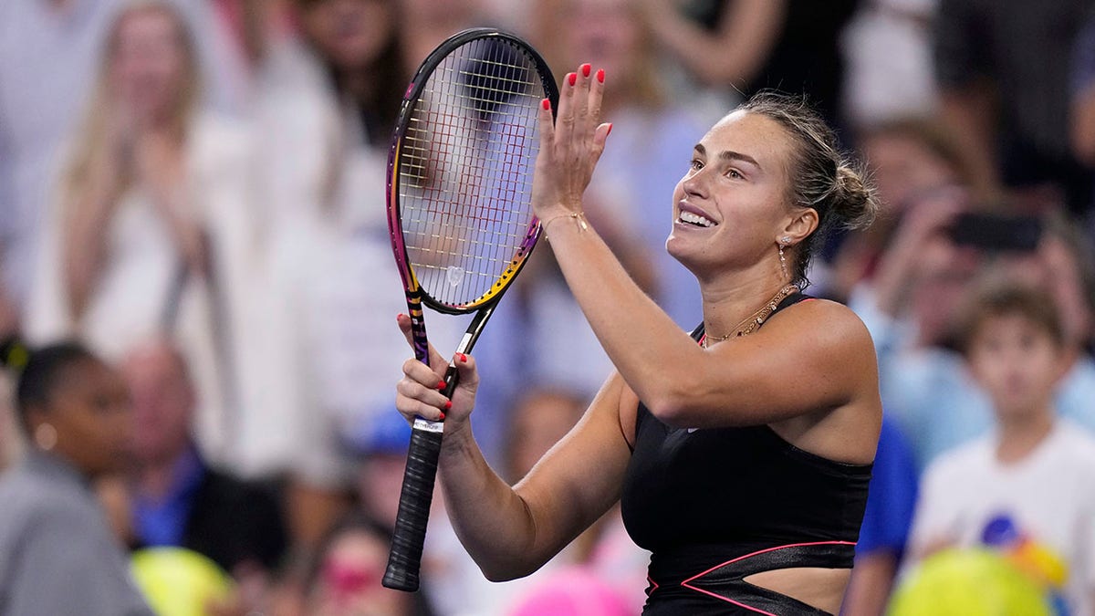 Aryna Sabelnka celebrates