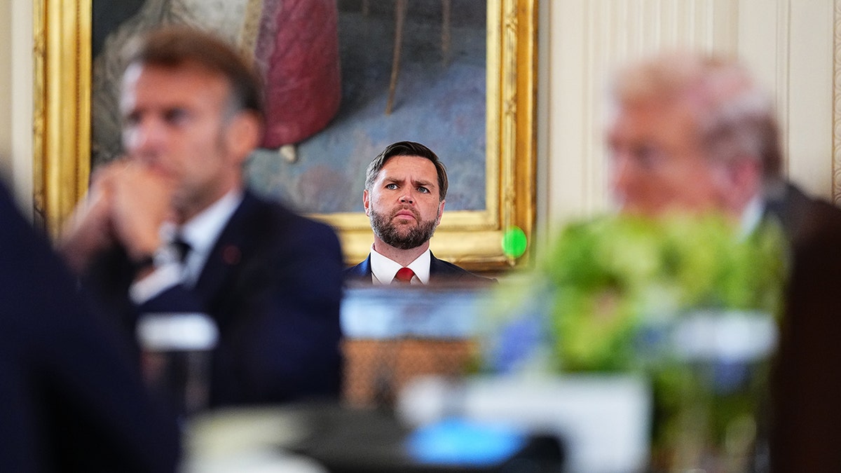 Vance looks on during Trump, Macron and other European leaders meeting in DC