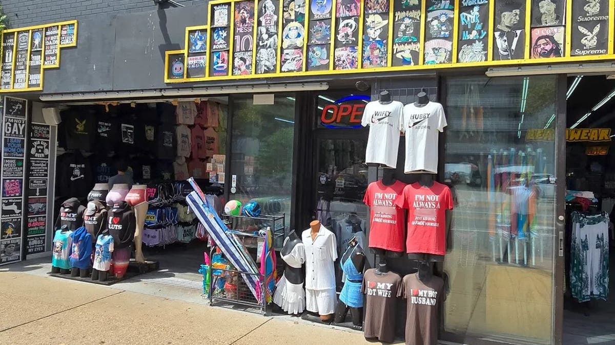 A Virginia Beach store displaying clothing with suggestive writing on Aug. 14, 2025.