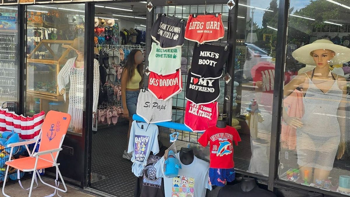 A Virginia Beach store displaying t-shirts with suggestive writing on Aug. 14, 2025.