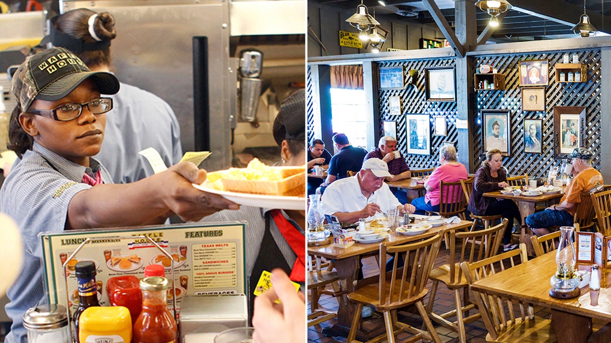 Wafffle House交付给客户,向左交付。饼干桶客户吃桌子,对。