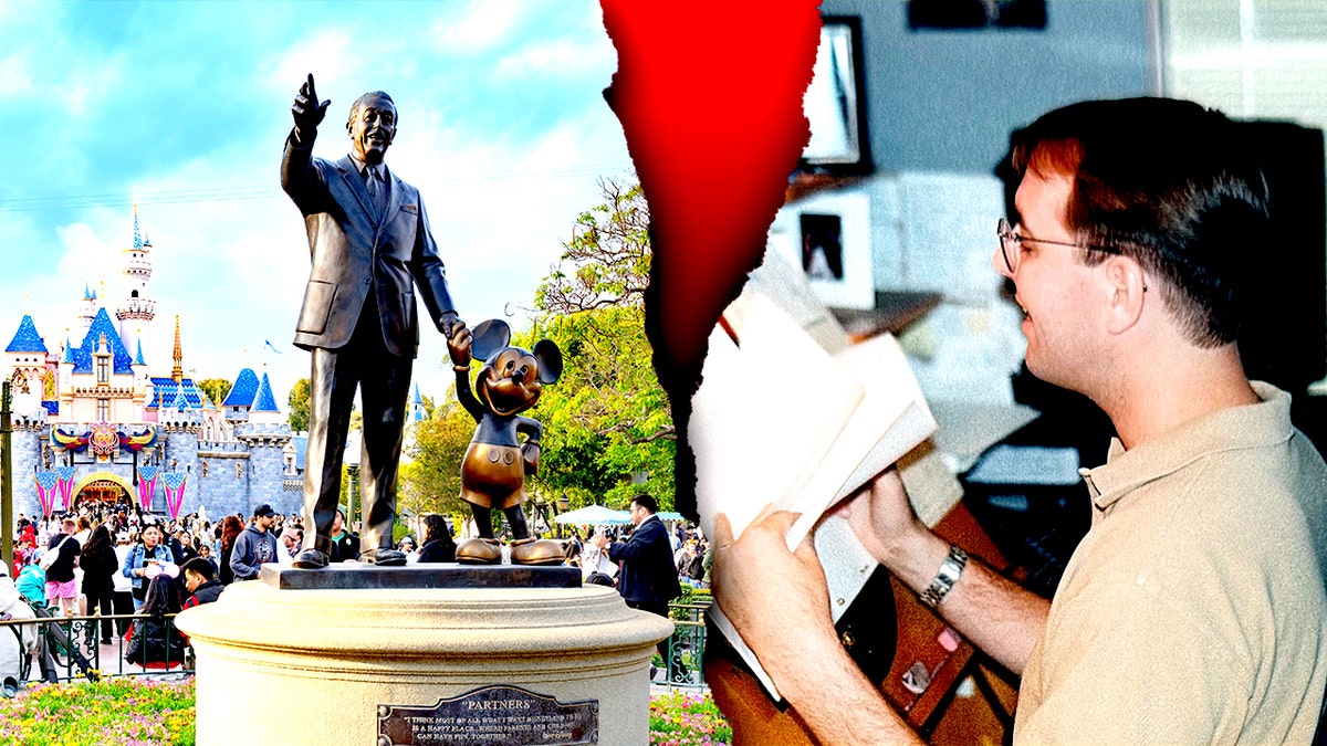 Walt Disney statue at Disneyland and animator Tom Bancroft in studio