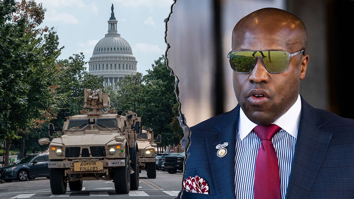 Photo of Congress member Wesley Hunter photo next to a military car in Washington, DC.