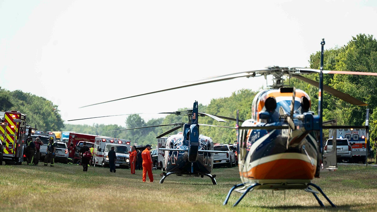 The authorities respond to a tourist bus accident in the eastern I-90, near Pembroke, New York, on Friday, August 22, 2025.
