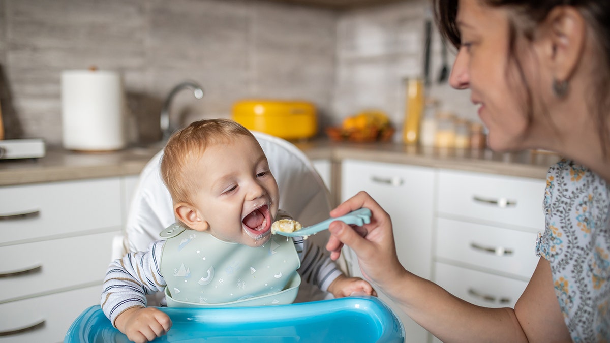 Woman feeding baby in high-chair. Baby taking big bite from spoon looking happy in kitchen