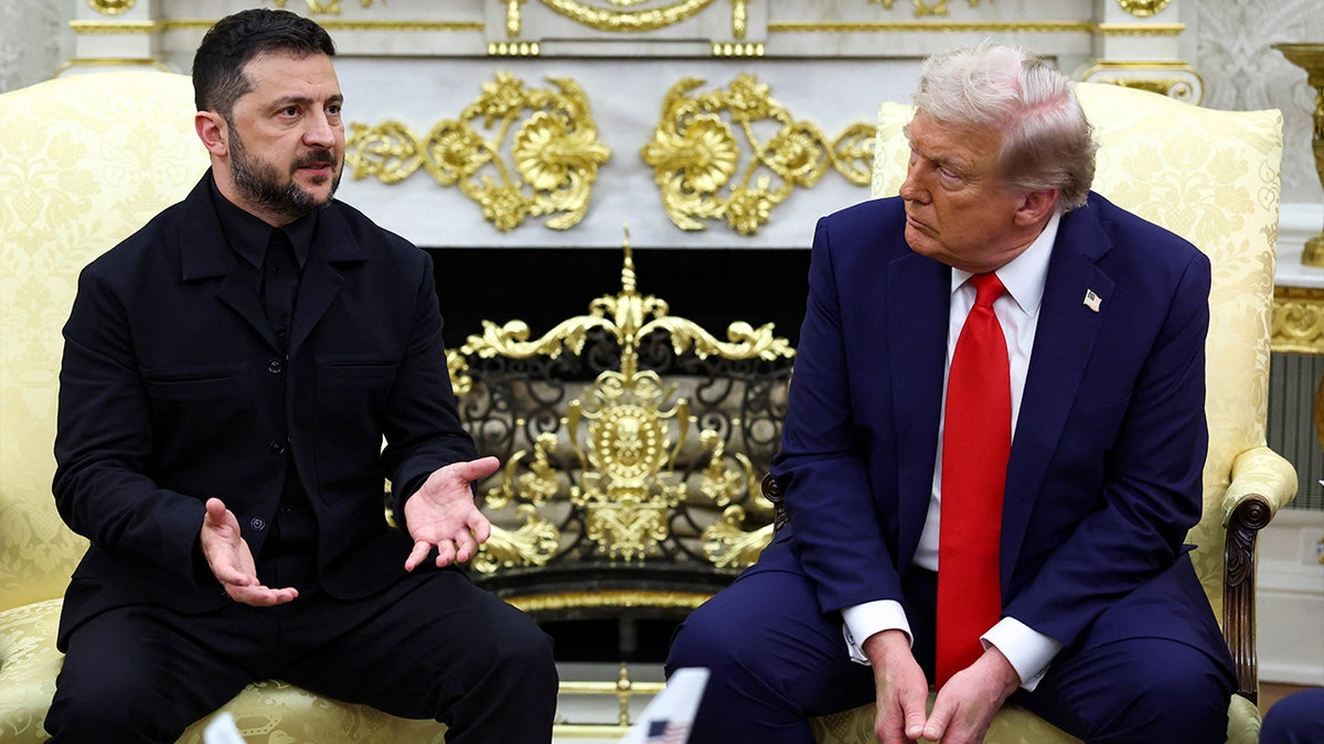 Ukrainian President Volodymyr Zelenskiy gestures during a meeting with U.S. President Donald Trump at the Oval Office of the White House, amid negotiations to end the Russian war in Ukraine, in Washington, D.C., U.S., August 18, 2025. 