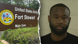 Split of Fort Stewart sign and mugshot of Quornelius Radford, booked at the Liberty County Jail in Hinesville, Ga., on May 18, 2025.