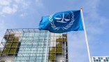 The ICC flag flies in in Den Haag, Netherlands.