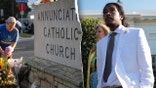 Mourner at Annunciation Catholic Church, left, Tenn. Rep. Justin Jones, right.