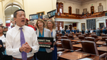 A split photo of Rep. Gene Wu, D-Houston, right, next to a photo of a nearly empty Texas House of Representatives in Austin, Texas. Democrats fled the state in August in an effort to block Gov. Greg Abbott's attempt at redistricting. (Photos via Getty Images)
