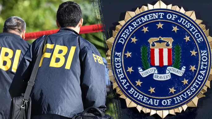A split image of FBI agents and the Justice Department and FBI logo. Photos via Getty Images