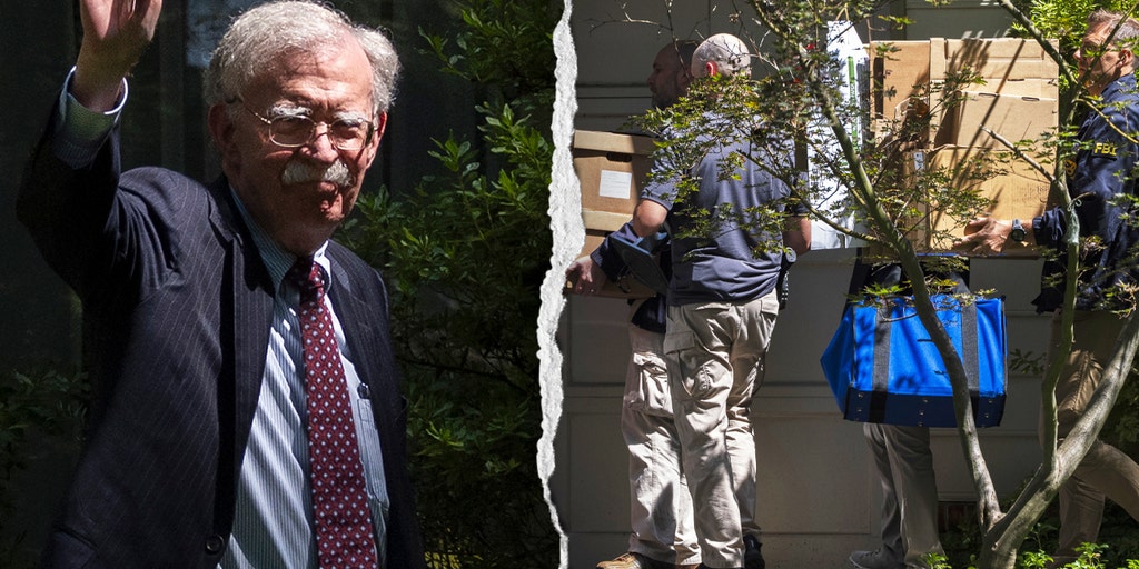 Composite image of John Bolton and imagery related to the FBI search