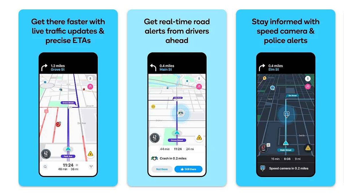 Three views of the Waze app are seen side by side.