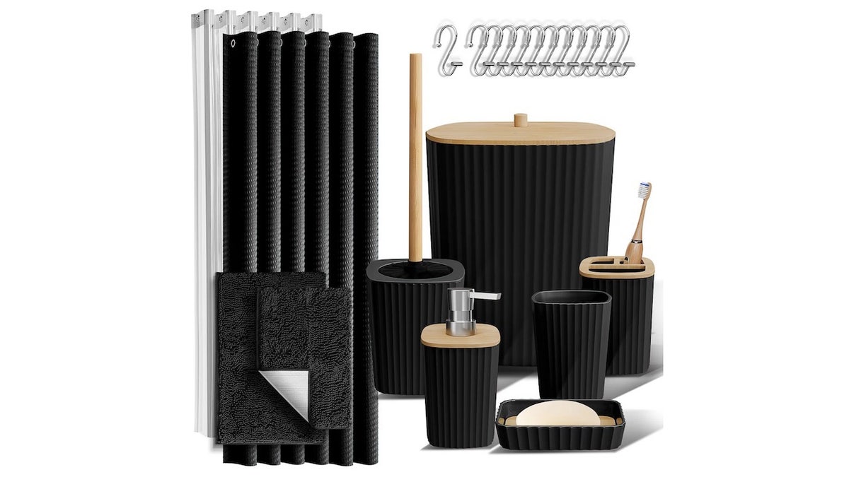 This 22-piece set has everything your bathroom needs, including a toilet brush set and a trash can.