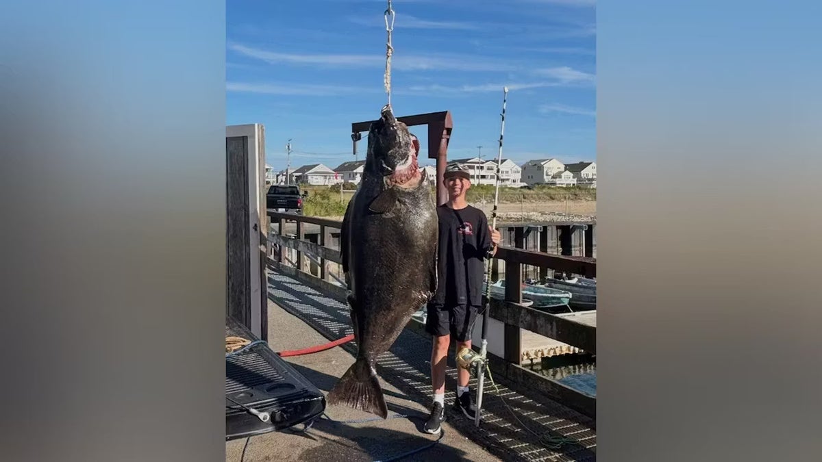 Jackson Denio standing next to 177-lb Atlantic halibut, holding fishing rod.