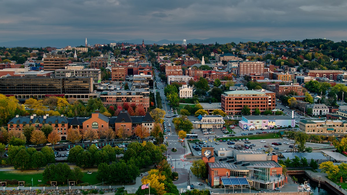 Aerial View from Lakeshore Looking Along Streets in Burlington, Vermont