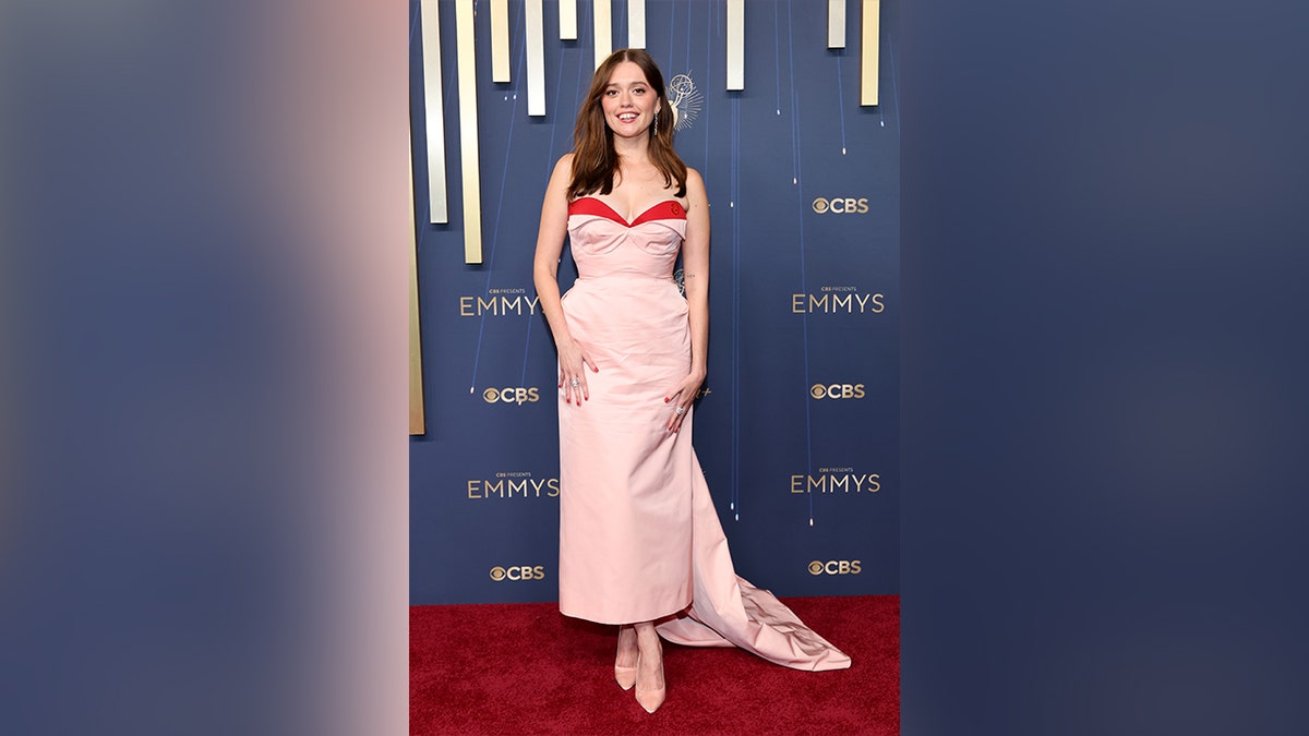 Aimee Lou Wood in a pink dress at the 2025 Emmy Awards.